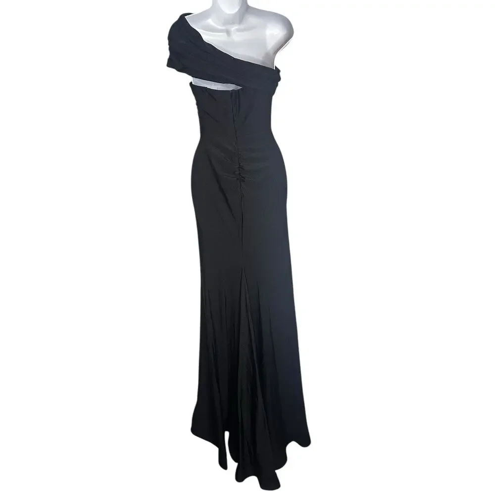NWT Cinderella Divine Asymmetrical Neckline Bodycon Slit Black Dress Gown 2 - Picture 5 of 12